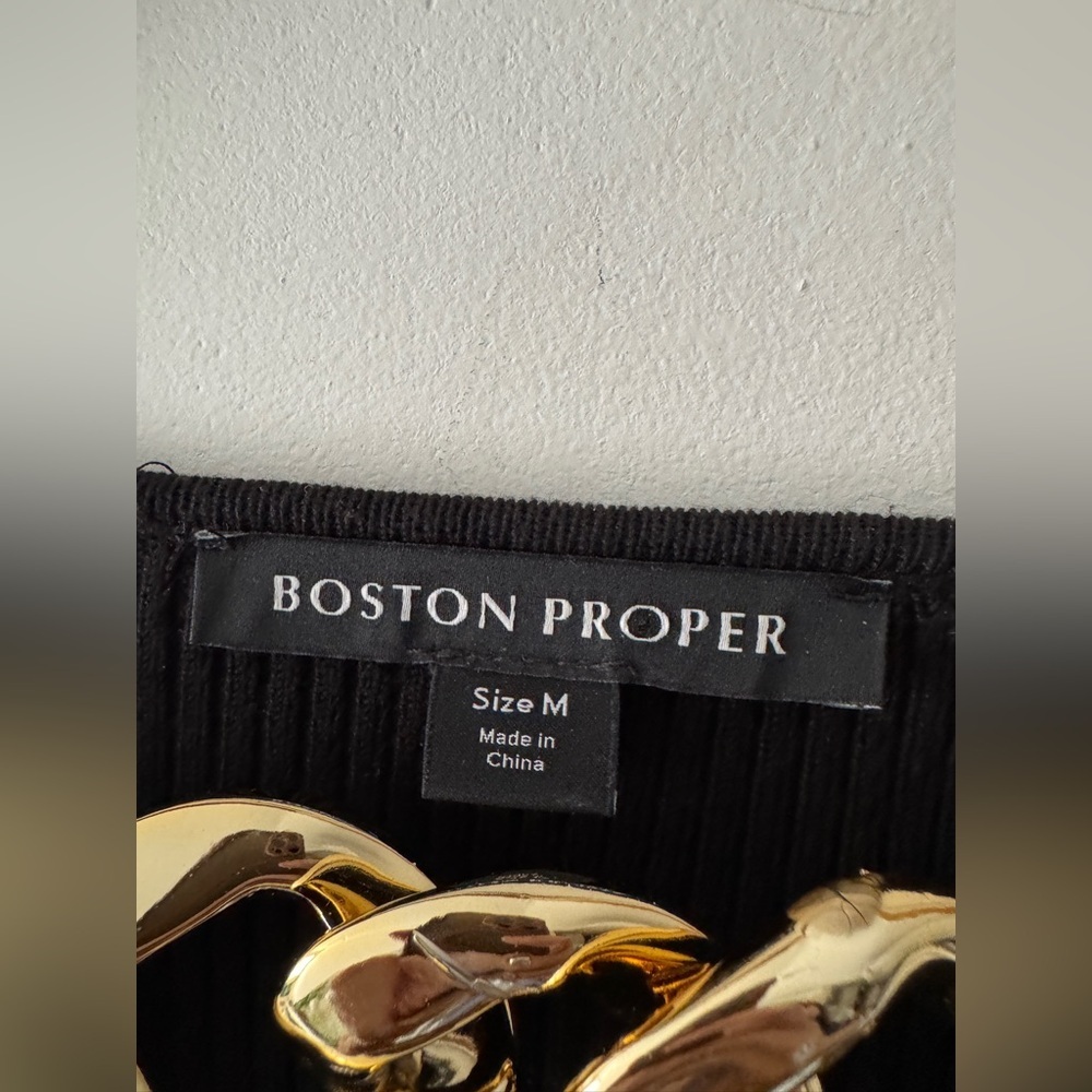 Boston Proper Black Ribbed Flare Split Long Sleeve Gold Chain Detail - Picture 2 of 6